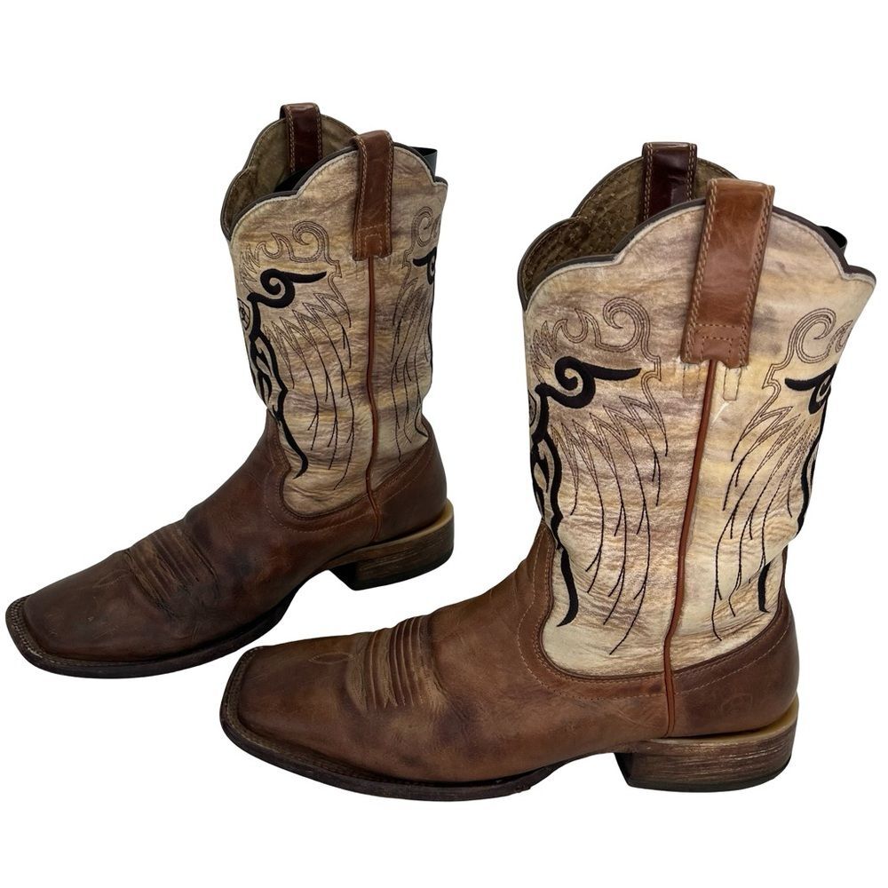 Ariat Brown Leather Cowboy Boots – Wing Embroidery, Square Toe, 11D, Trail‑Worn